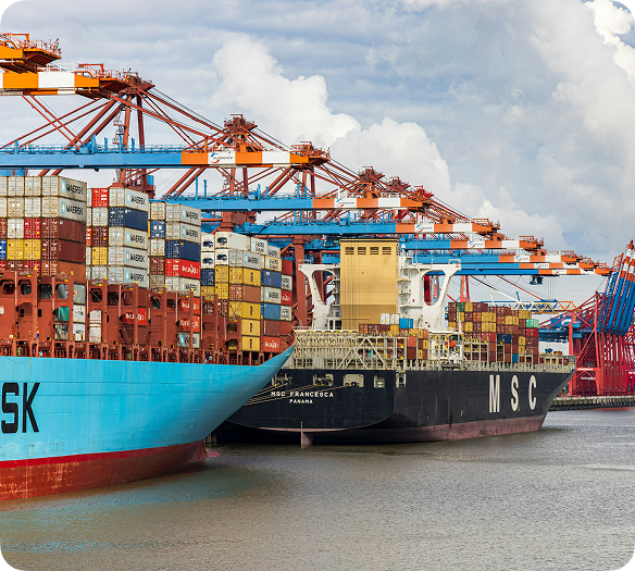 Bateau cargo chargé de conteneurs en mer, illustrant les services de transport maritime international proposés par Auguste IMS