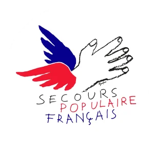 Main dessinée avec ailes tricolores, symbole de secours populaire français.
